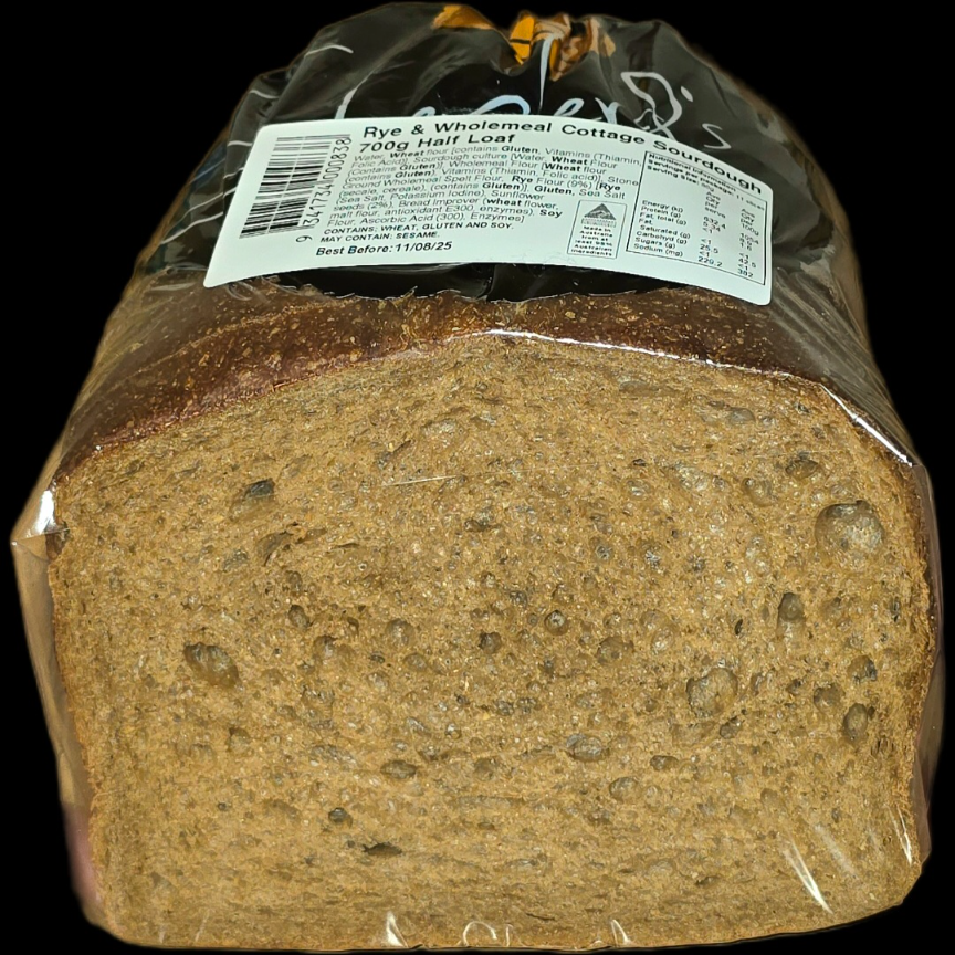 RETAIL RYE & WHOLEMEAL HALF COTTAGE SOURDOUGH 725G