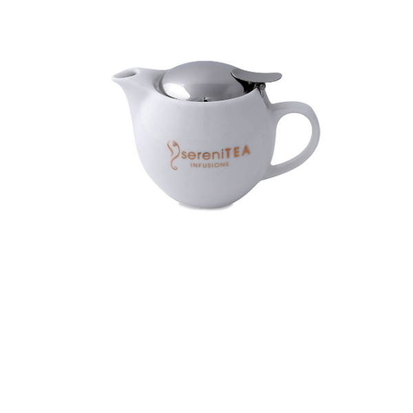 Teapot White Ceramic with infuser and lid (logo)_image_SereniTEA & Zoetic_order now