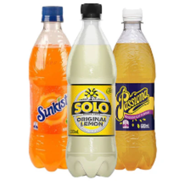 600ML MOUNTAIN DEW/PASSIONA/SOLO/SUNKIST/ BOTTLES 24PK_image_Steel City Beverage Co_order now