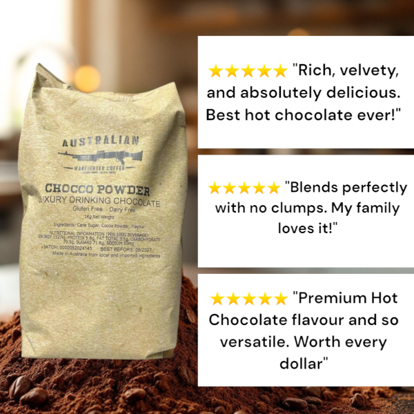 AWFC Chocco Powder 1kg WH_image_Australian Warfighters Coffee_order now