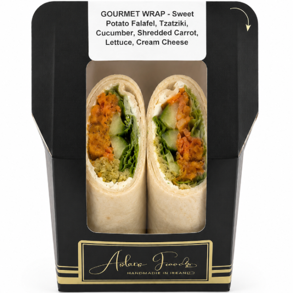 GOURMET WRAP - Sweet potato falafel, tzatziki, cucumber, shredded carrot, lettuce, cream cheese - veg - 2027	_image_Aston Lucas Gourmet_order now